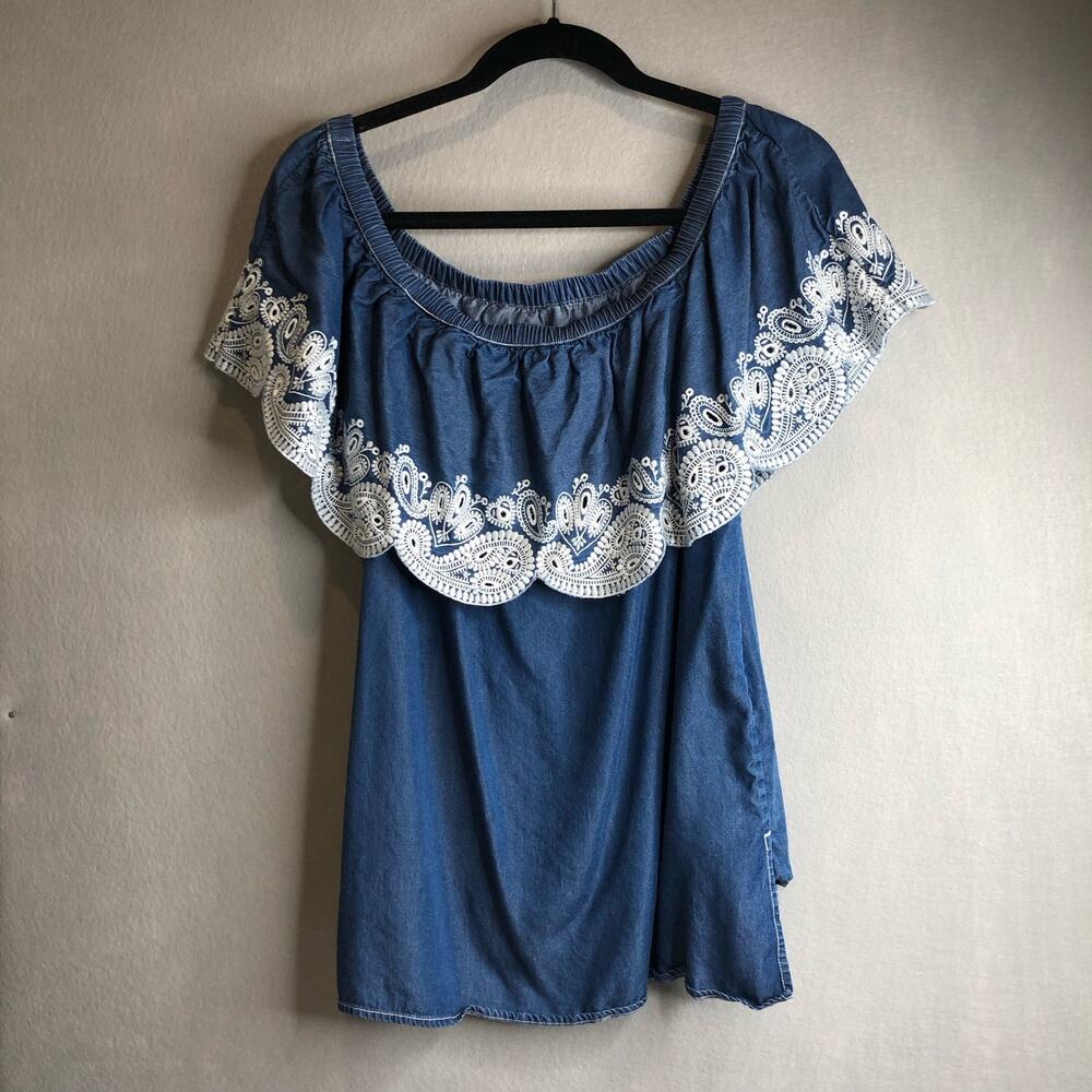 DKNY Off the Shoulder Sleeveless White Lace Blue Blouse Womens Size Small
